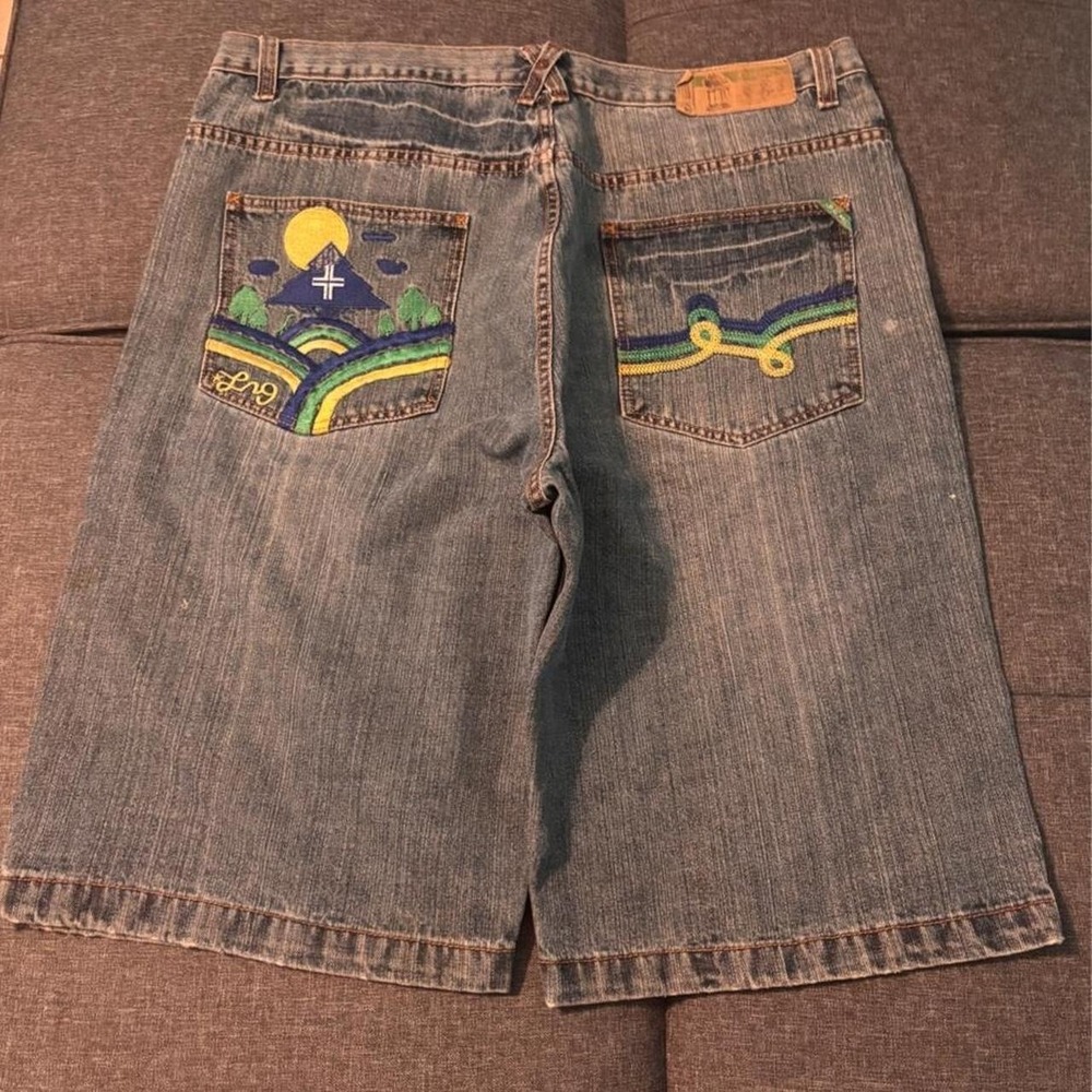 Baggy blue coogi jorts with embroidered pocket